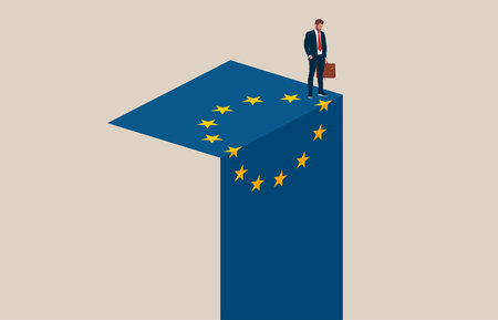 European Union economy collapse. Symbol of crisis, recession, downfall and stock market crash.のイラスト素材