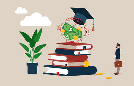 Piggy bank wearing graduation hat on stack on school textbooks and dollar money coins. Education fund, collect money for school, college and university cost, student scholarship orのイラスト素材
