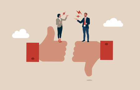 Male and female furious arguing on difference thumb up and down. Conflict and argument between colleagues, controversy or difference opinion, disagree.のイラスト素材