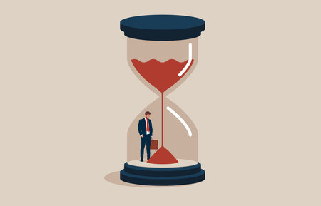 Business deadline with businessman standing in hourglass. Symbol of time pressure, countdown.のイラスト素材