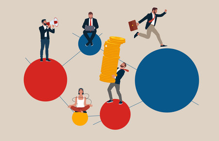 Young women, men, finance analyst or clerk in business clothes isolated on abstract art background. Concept of finance, economy, professional occupation. teamwork.のイラスト素材