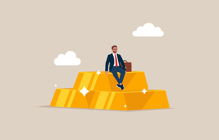 Success wealth manager, trader or rich investor sitting on stack of gold bar bullion. Gold investment, safe haven in financial crisis or wealth management and asset allocation.のイラスト素材