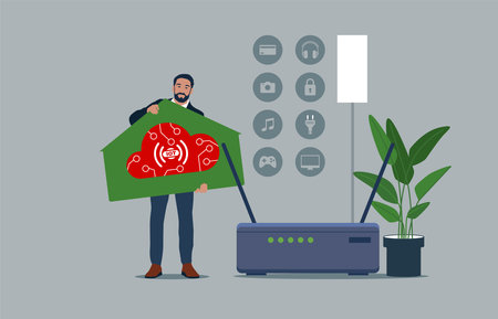 Businessman is depicted in full growth, holding the icon of the house in his hands. IoT concept.のイラスト素材