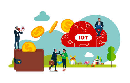 Internet of things and automation concept, transferring money. People doing various tasks, concept vector illustration in flat style.のイラスト素材