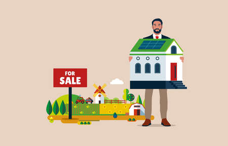 Businessman stands in full growth is engaged in the sale of real estate. flat style. Element for presentations, sites. vector illustrationのイラスト素材