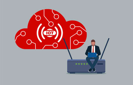 IoT concept. Programmer with laptop sitting on router. Good for websites and presentations. Vector illustration in flat style.のイラスト素材