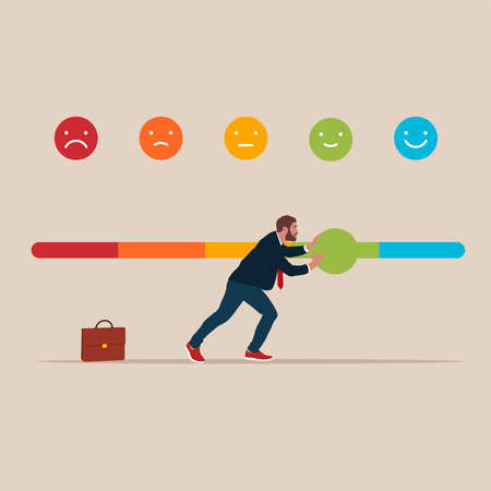 Male trying to push customer feedback bar to be excellent smile. Customer feedback giving rating based on experience or quality from product and serviceのイラスト素材