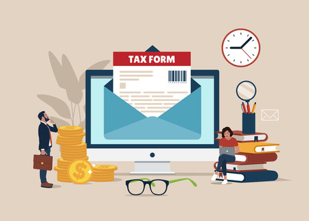 Mail with documents on monitor screen. Filing and submitting tax reports. financial online technology. online tax. Business people characters - boss and accountant.のイラスト素材