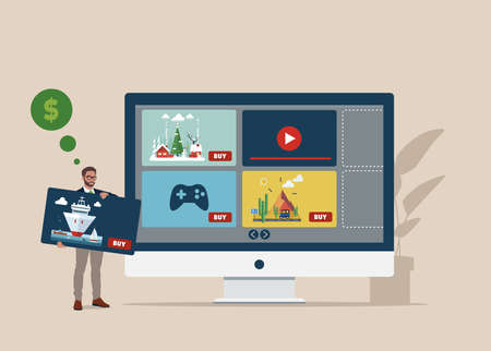 Monitor, web store with various artworks, music and art masterpieces. Businessman add new video content for sell and sells media content online. internet shop.のイラスト素材