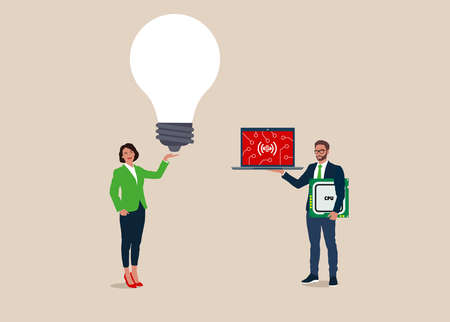 Businessman and woman are a team in the field of the Internet of things. IoT concept. Good for presentations and websites.のイラスト素材