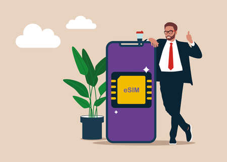 User activate eSIM on mobile phone. Embedded sim card on microcircuit. Cellphone without classical sim card. new digital technology. ESIM landing page template.のイラスト素材