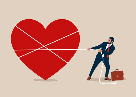 Young strong businessman pulling a heart with a rope, love and achievement. Saint Valentine's Day.のイラスト素材