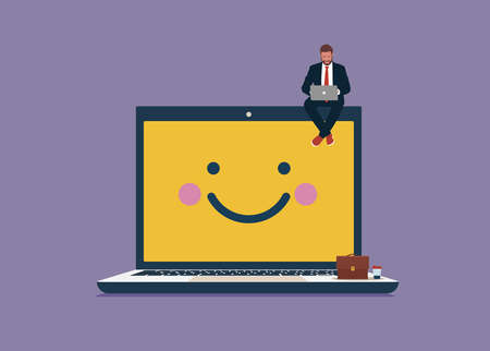Happy businessman working with laptop on smiling screen laptop. Work happiness or job satisfaction,...