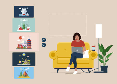 Woman sits with laptop. Virtual museum on laptop and is studying works of art. interactive museum exhibition. online gallery.のイラスト素材