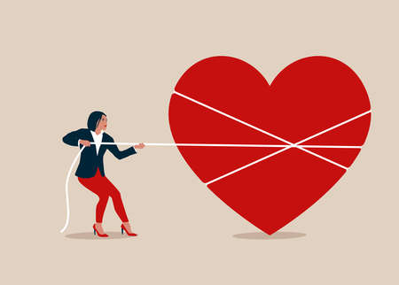 Young strong girl pulling a heart with a rope, love and achievement. Saint Valentine's Day.のイラスト素材
