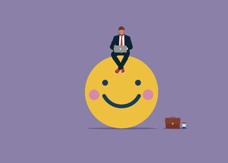 Happy male working with laptop on smiling face. Work happiness or job satisfaction, passion.