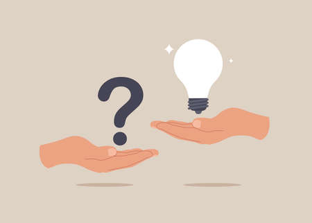 Male hand holding question mark with other reply with light bulb. Question and answer, solving problem.のイラスト素材