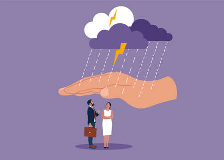 Employee care benefit, worker insurance or protection, leader or boss to help employee. Giant...