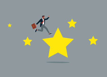 Motivated businessman running on stars strive for new career achievements. Confident man employee jump to goal and target. vector illustration.のイラスト素材