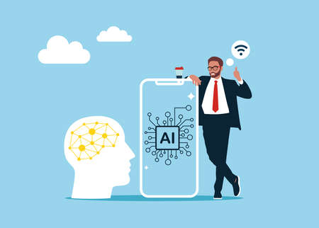 AI chip, machine learning, analysis information. Digital brain with neural network. Chatbot. artificial intelligence concept. vector illustration.のイラスト素材