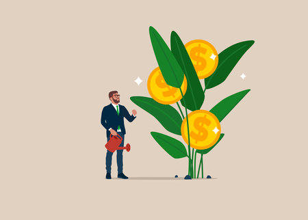 Investor finish watering growing money plant seedling with coin flower. Financial and investment growth, increase earning profit, success in wealth management.のイラスト素材
