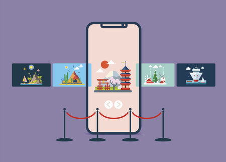 Virtual museum on smartphone screen. interactive museum exhibition. Virtual art gallery tours. VR technology.のイラスト素材