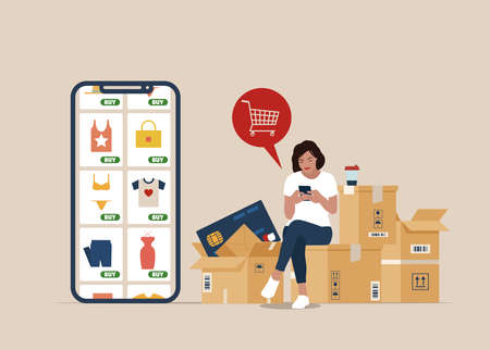 Woman sitting on the package, Shopping online using mobile phone. Customer selects the goods to online shopping . Girl with smartphone and credit card.のイラスト素材