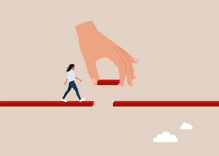 Connect the bridge to help and support girl to success, solution or assistance. Giant hand help connect missing piece the bridge for woman to cross the gap.のイラスト素材