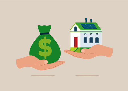 Agent of real estate holding in hand house. Buyer, customer gives money bag, deal sale, buying house.のイラスト素材