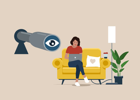 Businesswoman character working on a laptop, Spyglass in keyhole. Employee search, internet stalking, espionage.のイラスト素材
