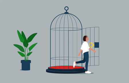 Freed, woman came out of the open cage. unlock the cage and people return to work. Restart business in normal operation after peak of Coronavirus COVID-19 outbreak.のイラスト素材