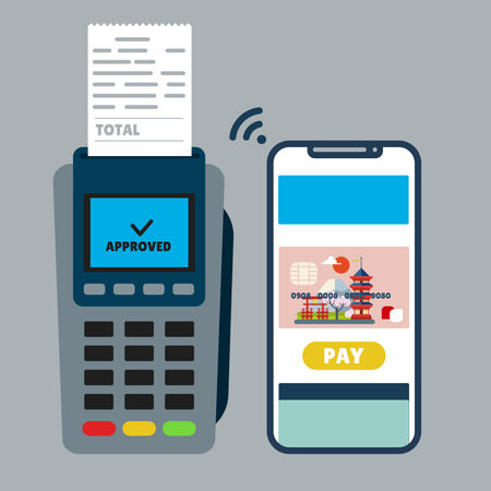 Mobile payment via smartphone. POS terminal and holding smartphone for payment. Concept vector illustration in flat styleのイラスト素材