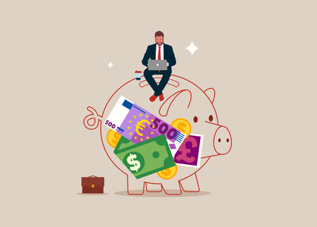 Businessman sitting on a Piggy bank and working. Concept business vector, Financial, Cash.のイラスト素材