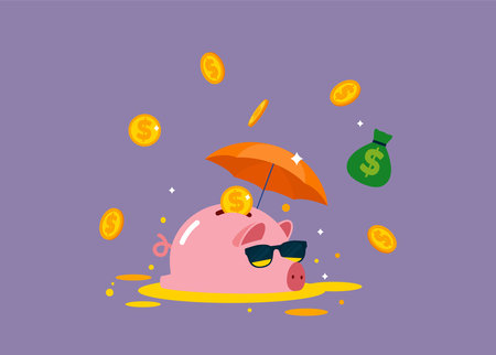 Pink piggy bank wear sunglasses floating golden coins. The creative concept of saving money. Simple trendy cute cartoon vector flat style illustration.のイラスト素材