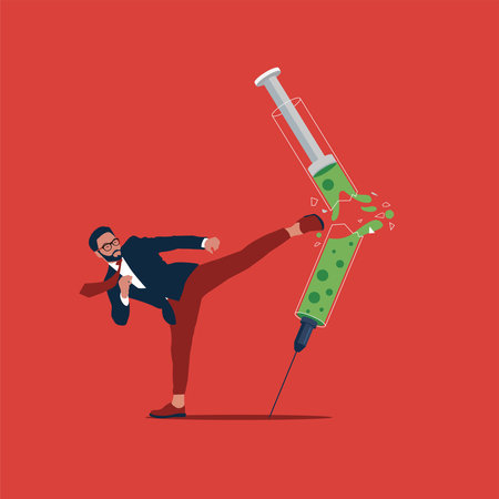 Businessman strongly kicking a syringe. International Day against Drug Abuse and Illicit Trafficking. Observed on 26th JUNE. healthy lifestyle. vector illustration.のイラスト素材