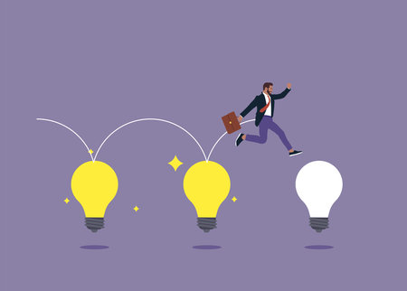 Businessman jumping on the light bulb. Bright light bulb concept. Flat vector illustration.のイラスト素材