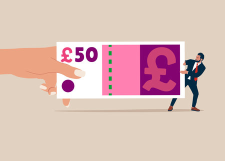 Big hand pulling money banknote tug of war with small businessman. Fight for money, government asking for tax payment, financial problem, pay off debt or billsのイラスト素材