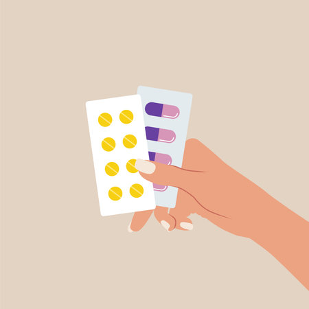 Healthcare specialist holding pills, tablets or vitamin in hand. prescription of doctor concept. Pharmacy, drug store, medicine. health care vector illustrationのイラスト素材