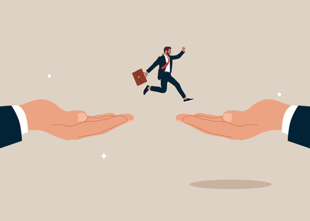 Businessman jumping from giant hand to new place. Change job or career, escape from toxic office, determination and courage to change to better place.のイラスト素材