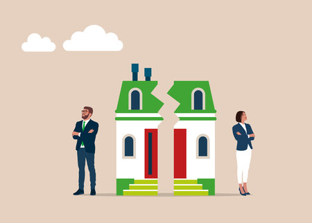 Divorce, property division. Vector illustration Home Ownership Concept. House, Arguing. flat cartoon design.のイラスト素材