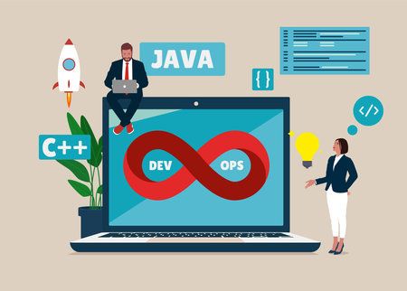 DevOps concept. Programmers practice of development and software operations. software engineering culture. Vector illustration on white backgroundのイラスト素材