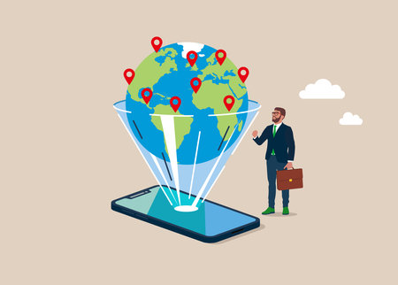 Globe from smartphone screen flat style. Modern gadget. world phone. Innovative technologies and development concept.のイラスト素材