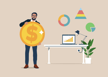 Businessman carry stack of coins. Stable monthly profit, saving money. Financial growth, earnings, salary increase concept. Vector illustration, flat style.のイラスト素材