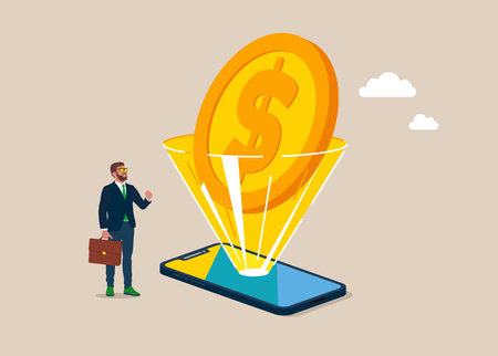 Dollar coin from smartphone screen flat style. Modern gadget. Earnings online in phone. Innovative technologies and development concept.のイラスト素材