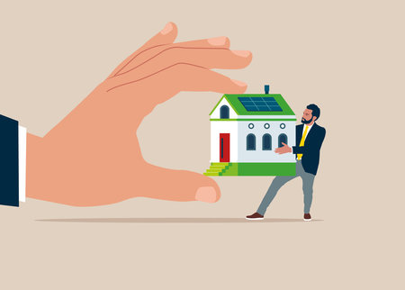 Bankruptcy man fighting to hold back their house with big legal hand evict it by law. Eviction and mortgage debt, foreclosure or difficulty to pay back bank mortgage loan.のイラスト素材