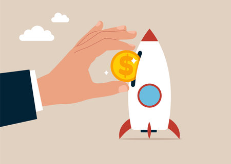 Businessman hand investor put money coin into innovative rocket to launch company. Funding startup company or venture capital investment.のイラスト素材