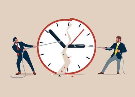 Businessman using rope to pull minute and hour hand to break the clock metaphor of effort to manage time for multiple projects. Work deadline or time management.のイラスト素材