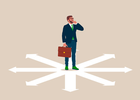 Businessman confused by direction signs. Business direction and choice concept. Decisions, Business cartoon character vector design.のイラスト素材