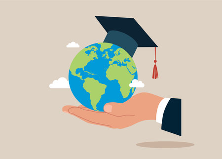 Student holding globe shape wearing academic mortarboard hat. Study abroad world education curriculum, overseas school, college and university.のイラスト素材