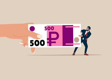 Big hand pulling money banknote tug of war with small businessman. Fight for money, government asking for tax payment, financial problem, pay off debt or billsのイラスト素材